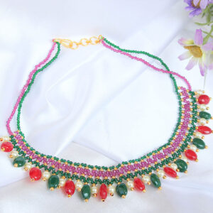 Enchanting Pearl Neckpiece with Dark Green & Red Beads