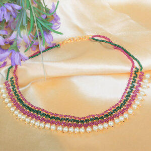 Enchanting Pearl Neckpiece with Dark Green, Red Beads & Pearls