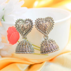 Lovely Heart Design Oxidized Silver Jhumka Earrings