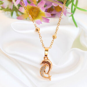 Enchanting Gold Chain with Double Dolphin Shaped CZ Pendant