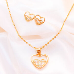 Alluring Heart with High Quality CZ Stones Gold Chain + Earrings Set