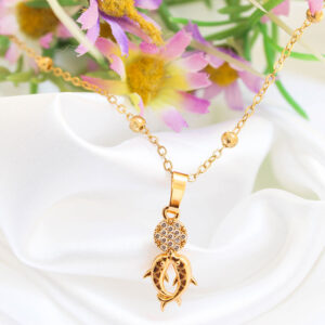 Charming Gold Chain with Double Dolphin & Round Shaped CZ Pendant