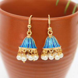 Alluring Trendy Gold Plated Cute Striped Blue Jhumka Earrings with White Beads