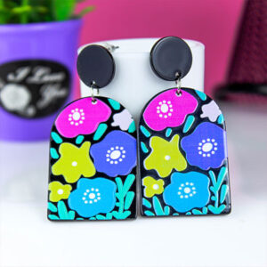 Ultimate Black Floral Design Colourful Multicolor Rectangle Earrings