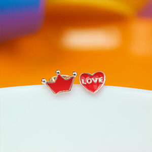 Cute Tiny Meenakari Crown Heart Love Rose Gold Mismatched Stud Earrings