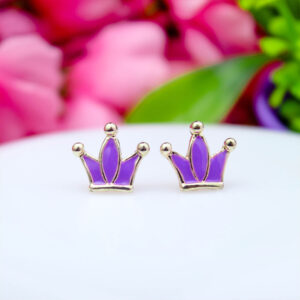 Cute Tiny Meenakari Violet Crown Gold Stud Earrings