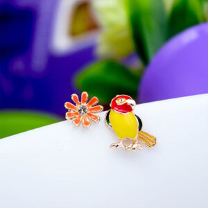 Cute Tiny Meenakari Parrot Floral Rose Gold Mismatched Stud Earrings