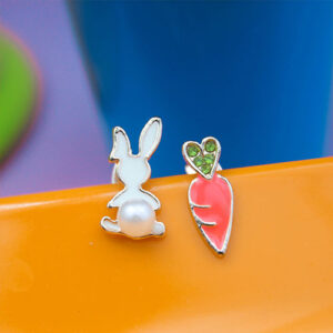 Cute Tiny Meenakari Rabbit Carrot Rose Gold Mismatched Stud Earrings