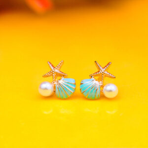 Cute Tiny Meenakari Seashell Pearl and StarFish Gold Stud Earrings