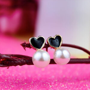 Black Heart with Pearl Stud Earrings