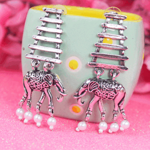 Happy Elephant Oxidized Pearl Earrings