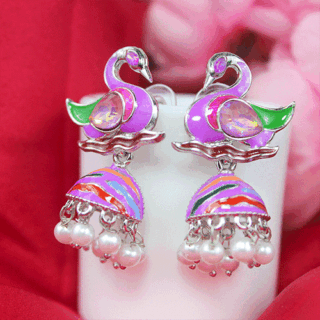 Enchanting Violet Silver AD Stone Swan Jhumka Earrings