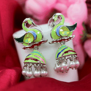Enchanting Green Silver AD Stone Swan Jhumka Earrings