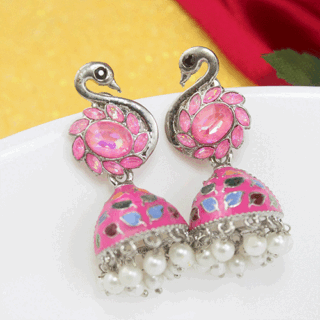 Beautiful Baby Pink Silver AD Stone Jhumka Earrings