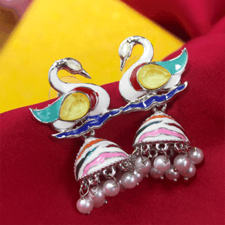 Enchanting White Silver AD Stone Swan Jhumka Earrings