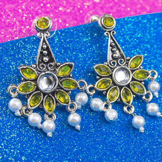 Alluring Silver Oxidized Yellow AD Stone Pearl Earrings
