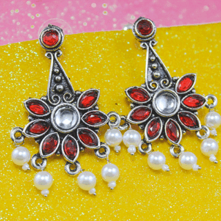Alluring Silver Oxidized Red AD Stone Pearl Earrings