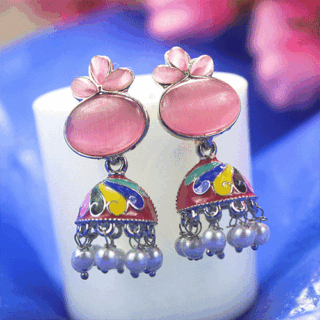 Tempting Pink Ovel Moon Stone Jhumka Earrings