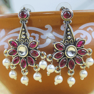 Alluring Silver Oxidized Pink AD Stone Pearl Earrings