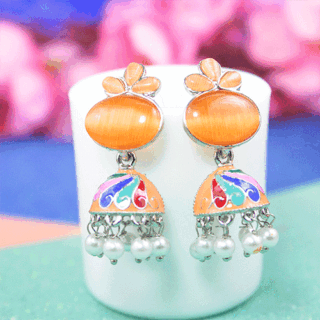 Tempting Orange Ovel Moon Stone Jhumka Earrings
