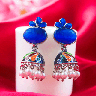 Tempting Peacock Blue Ovel Moon Stone Jhumka Earrings