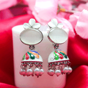 Tempting White Ovel Moon Stone Jhumka Earrings