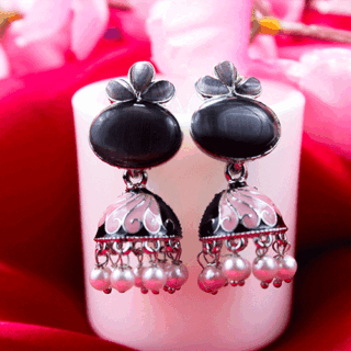 Tempting Black Ovel Moon Stone Jhumka Earrings