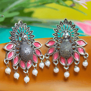 OMG Silver Oxidized Peach AD Stone Peacock Earrings