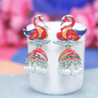 Enchanting Red Silver AD Stone Swan Jhumka Earrings