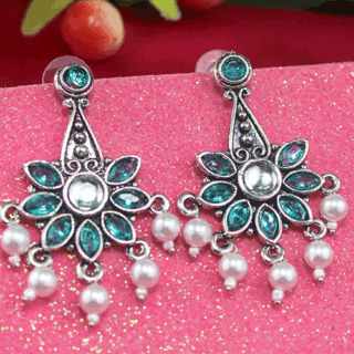 Alluring Silver Oxidized Sky Blue AD Stone Pearl Earrings