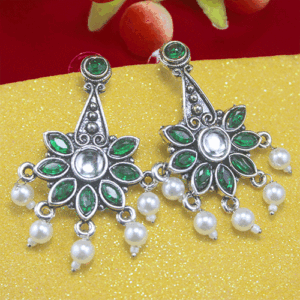 Alluring Silver Oxidized Green AD Stone Pearl Earrings