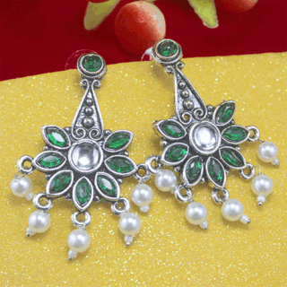 Alluring Silver Oxidized Green AD Stone Pearl Earrings