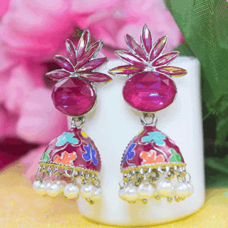 Funky Tribal Pink AD Stone Jhumka Earrings